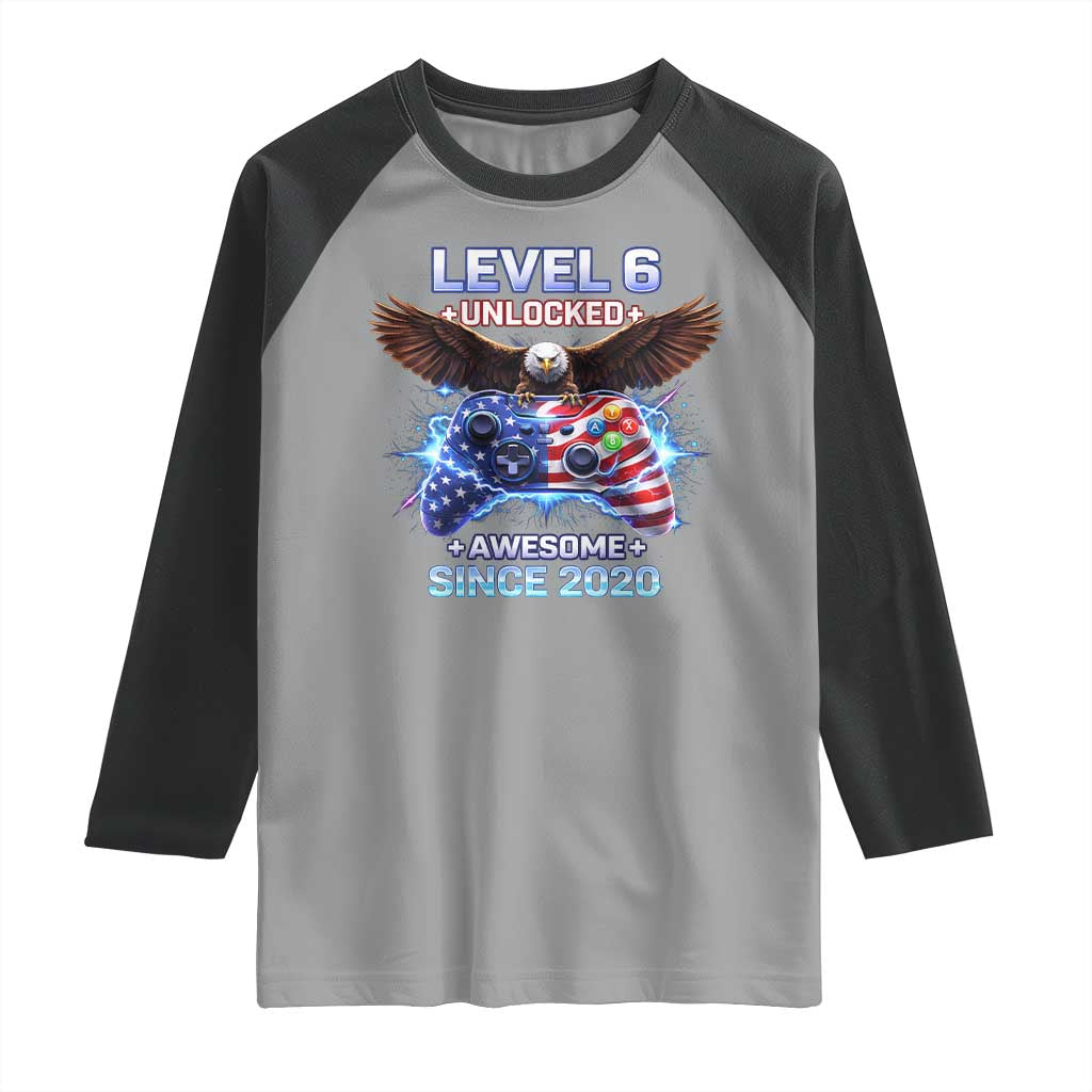 Funny 6th Birthday Raglan Shirt Level 6 Unlocked Awesome Since 2020 USA Gamer