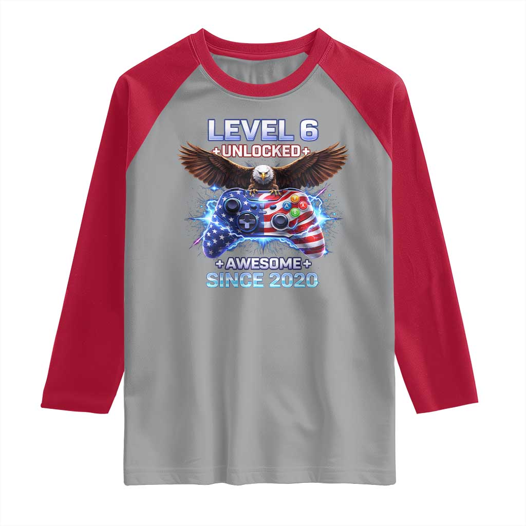 Funny 6th Birthday Raglan Shirt Level 6 Unlocked Awesome Since 2020 USA Gamer