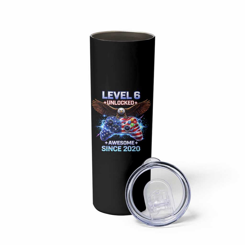 Funny 6th Birthday Skinny Tumbler Level 6 Unlocked Awesome Since 2020 USA Gamer