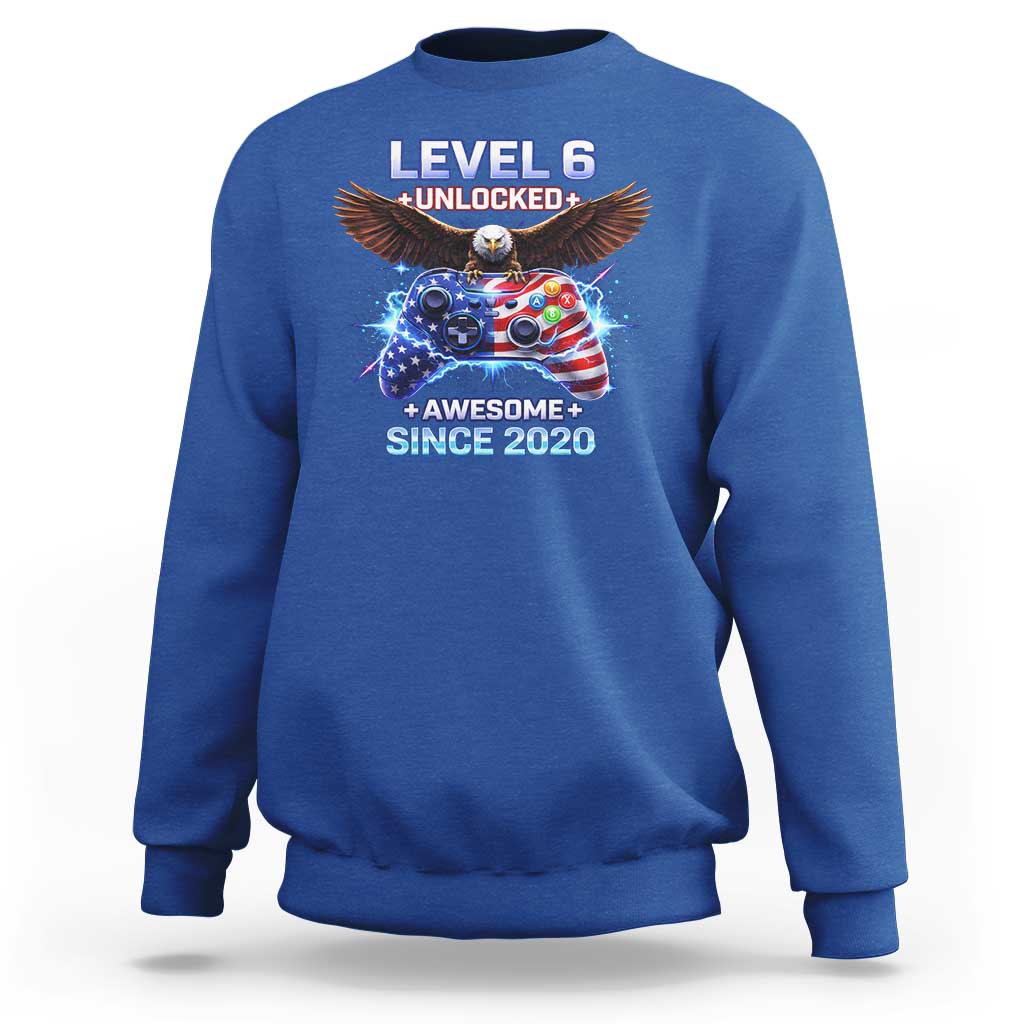 Funny 6th Birthday Sweatshirt Level 6 Unlocked Awesome Since 2020 USA Gamer