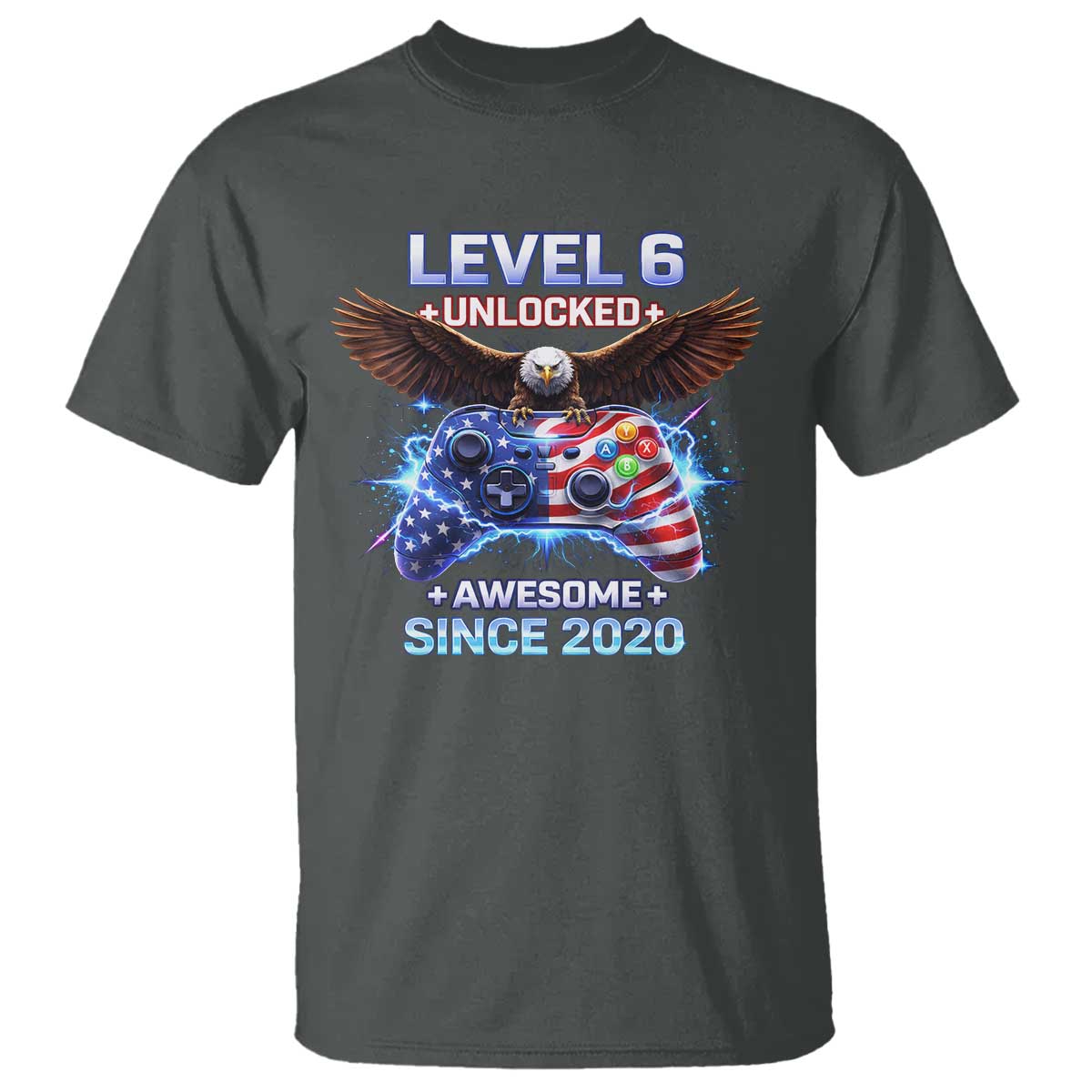 Funny 6th Birthday T Shirt Level 6 Unlocked Awesome Since 2020 USA Gamer
