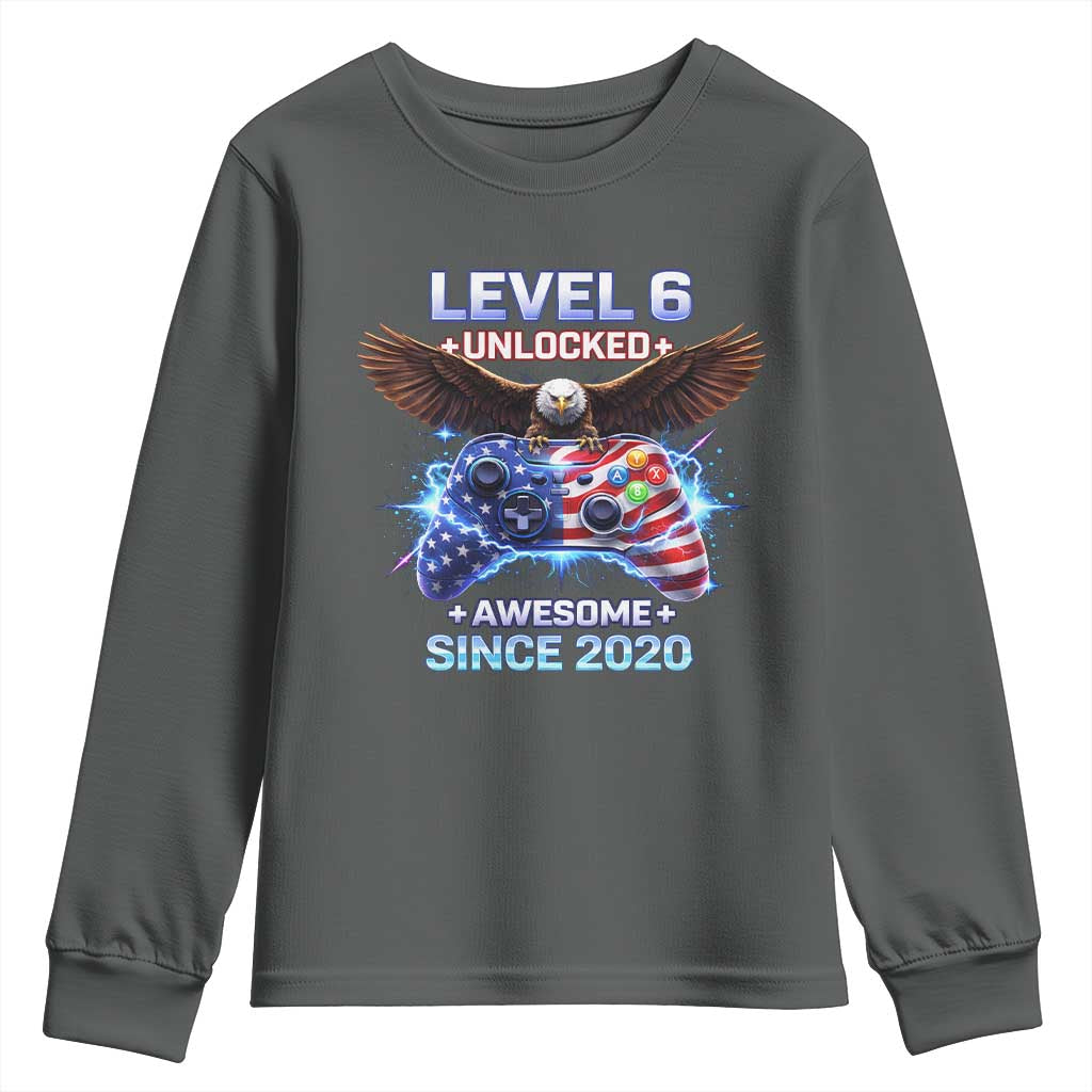 Funny 6th Birthday Youth Sweatshirt Level 6 Unlocked Awesome Since 2020 USA Gamer