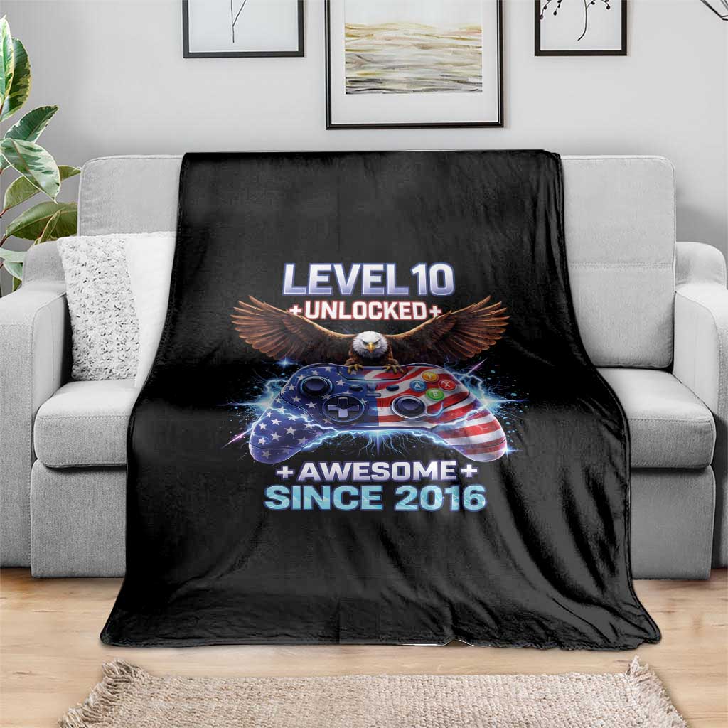 Funny 10th Birthday Throw Blanket Level 10 Unlocked Awesome Since 2016 USA Gamer