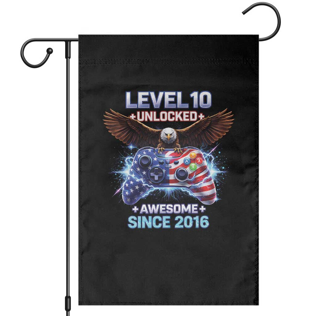 Funny 10th Birthday Garden Flag Level 10 Unlocked Awesome Since 2016 USA Gamer