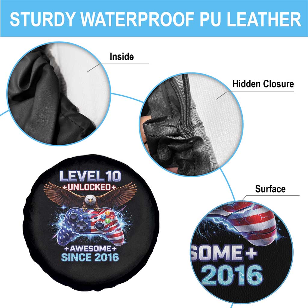 Funny 10th Birthday Spare Tire Cover Level 10 Unlocked Awesome Since 2016 USA Gamer