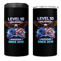 Funny 10th Birthday 4 in 1 Can Cooler Tumbler Level 10 Unlocked Awesome Since 2016 USA Gamer