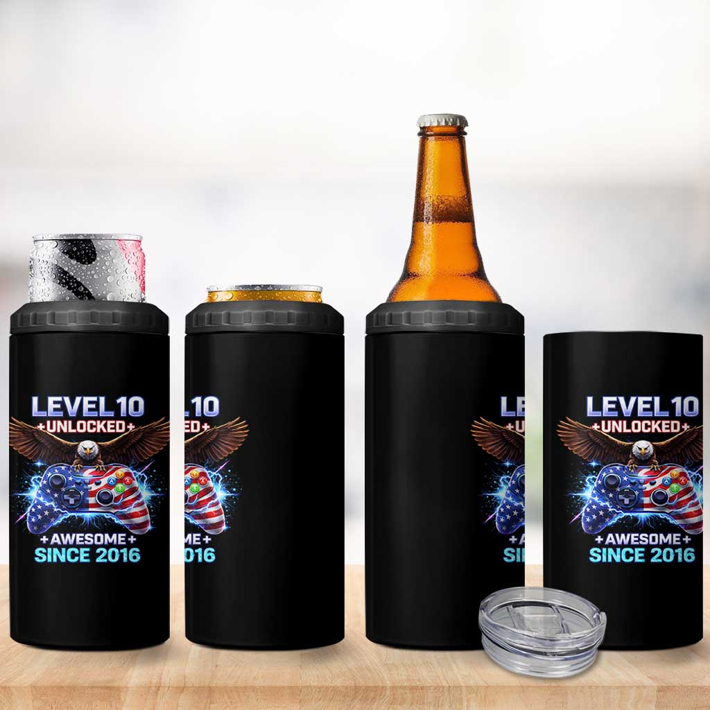 Funny 10th Birthday 4 in 1 Can Cooler Tumbler Level 10 Unlocked Awesome Since 2016 USA Gamer