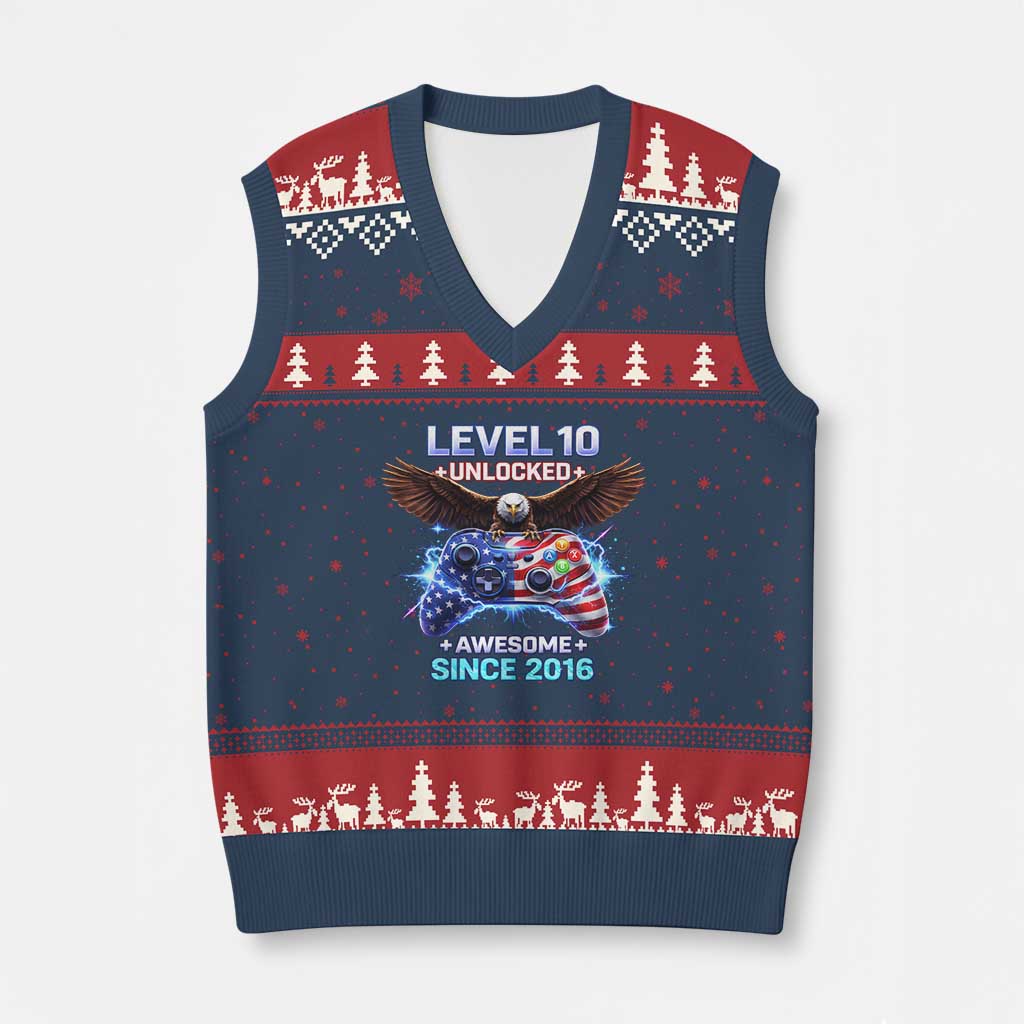 Funny 10th Birthday V-Neck Knit Sweater Vest Level 10 Unlocked Awesome Since 2016 USA Gamer