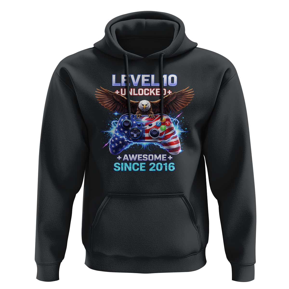 Funny 10th Birthday Hoodie Level 10 Unlocked Awesome Since 2016 USA Gamer