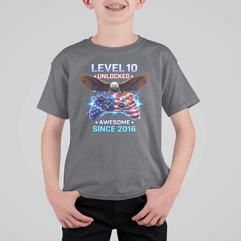 Funny 10th Birthday T Shirt For Kid Level 10 Unlocked Awesome Since 2016 USA Gamer
