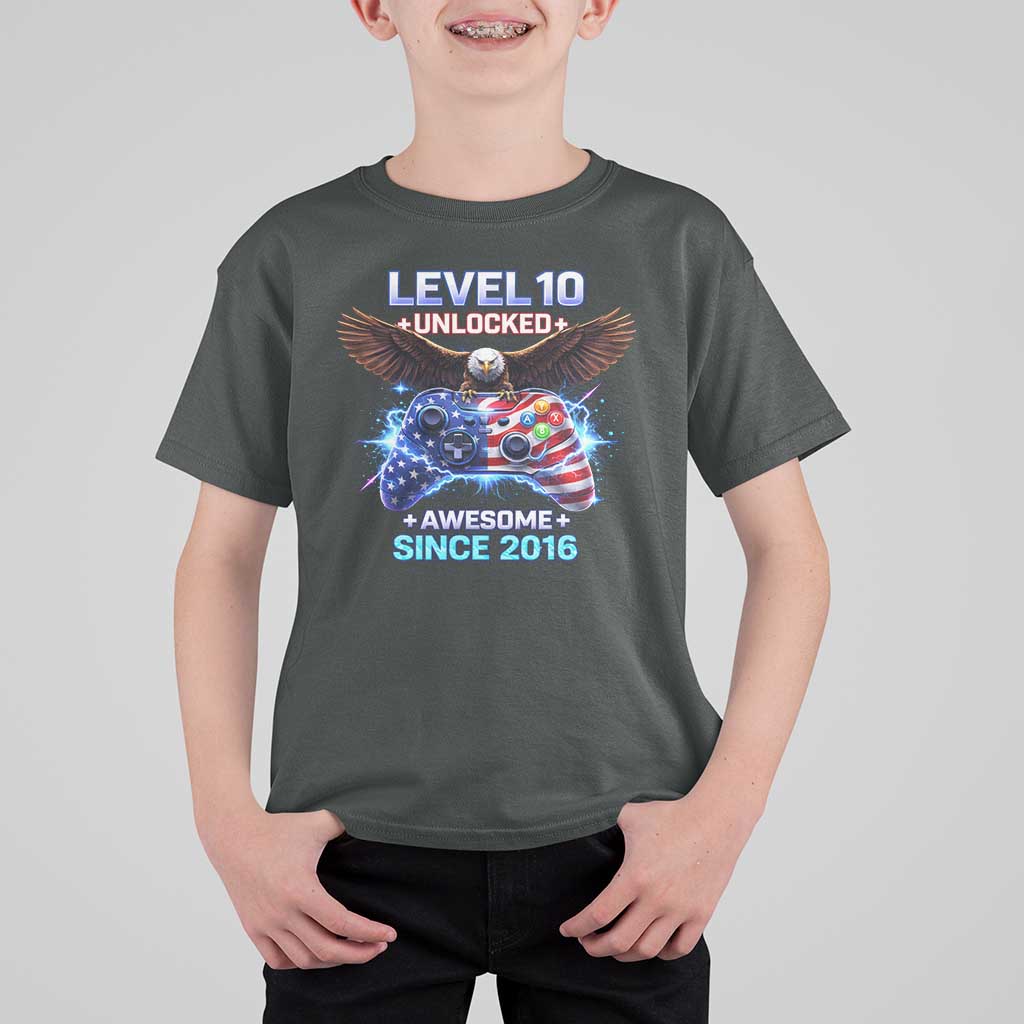 Funny 10th Birthday T Shirt For Kid Level 10 Unlocked Awesome Since 2016 USA Gamer