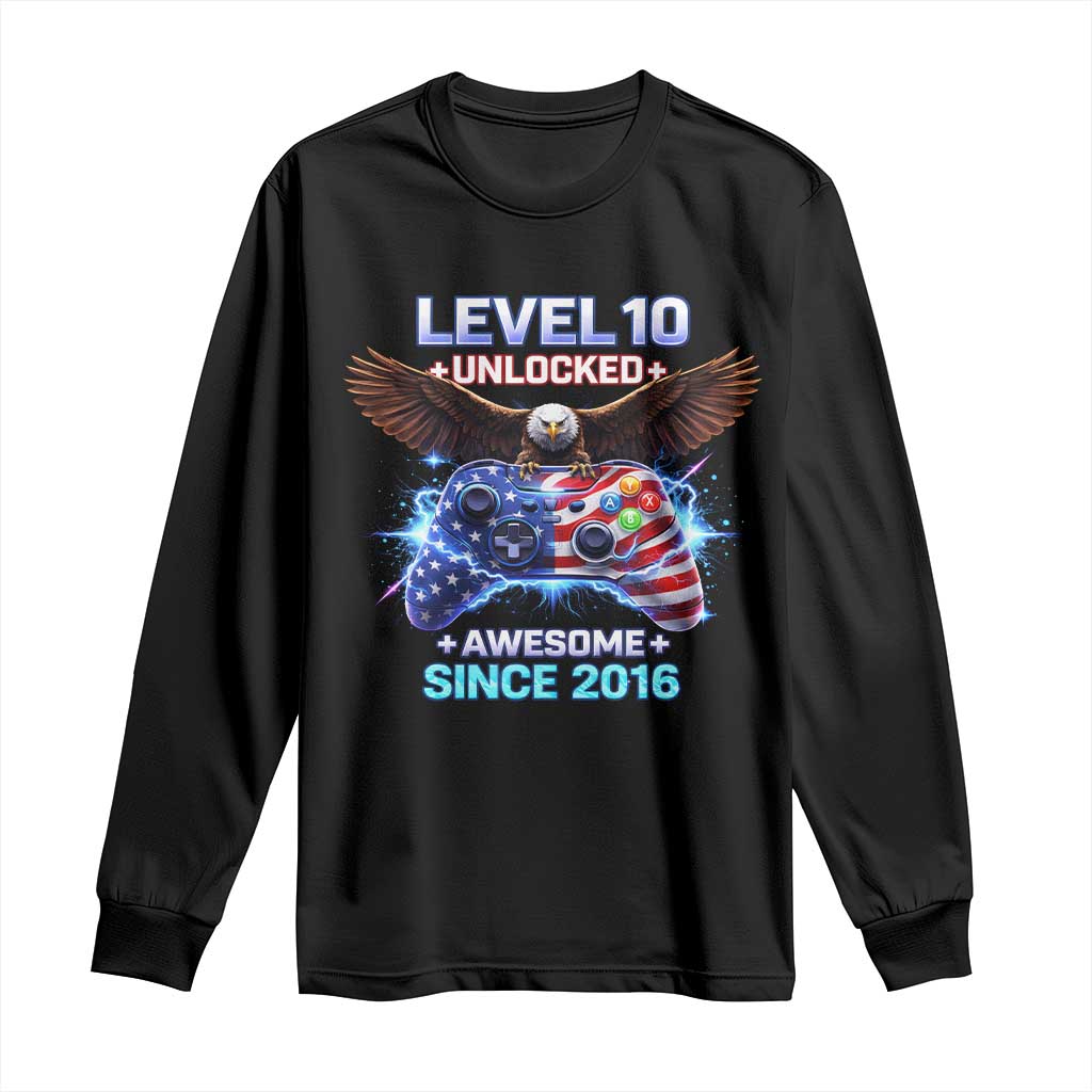 Funny 10th Birthday Long Sleeve Shirt Level 10 Unlocked Awesome Since 2016 USA Gamer