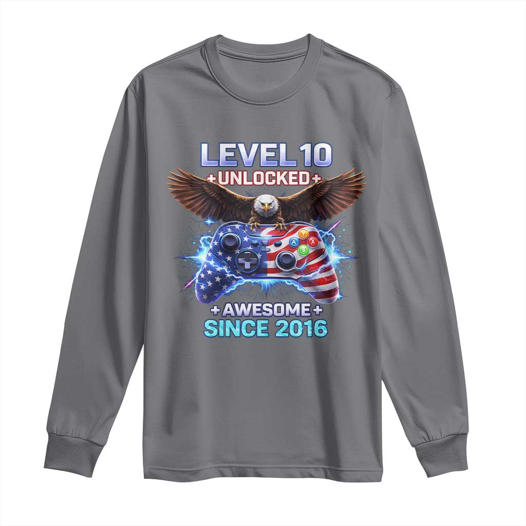 Funny 10th Birthday Long Sleeve Shirt Level 10 Unlocked Awesome Since 2016 USA Gamer