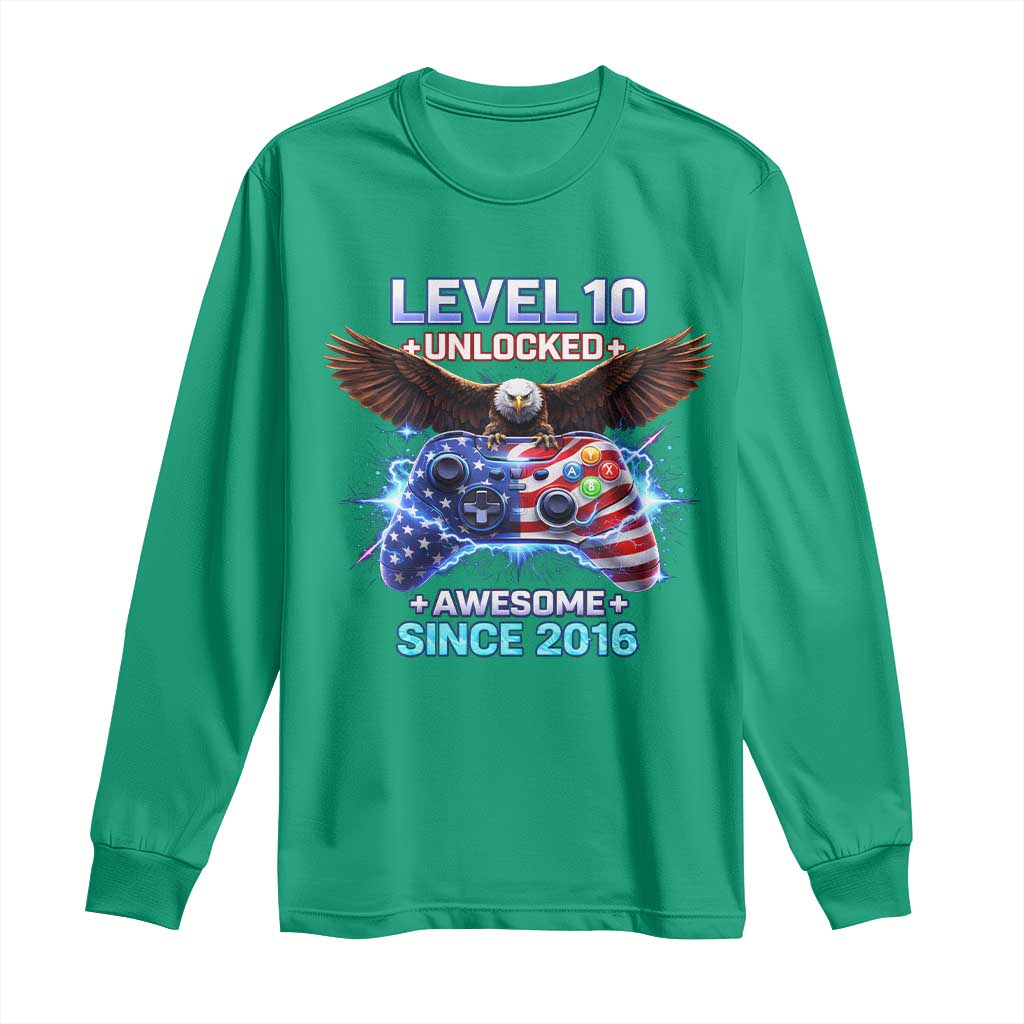 Funny 10th Birthday Long Sleeve Shirt Level 10 Unlocked Awesome Since 2016 USA Gamer