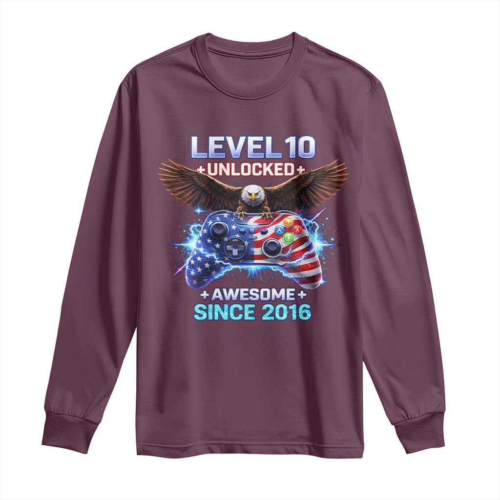 Funny 10th Birthday Long Sleeve Shirt Level 10 Unlocked Awesome Since 2016 USA Gamer