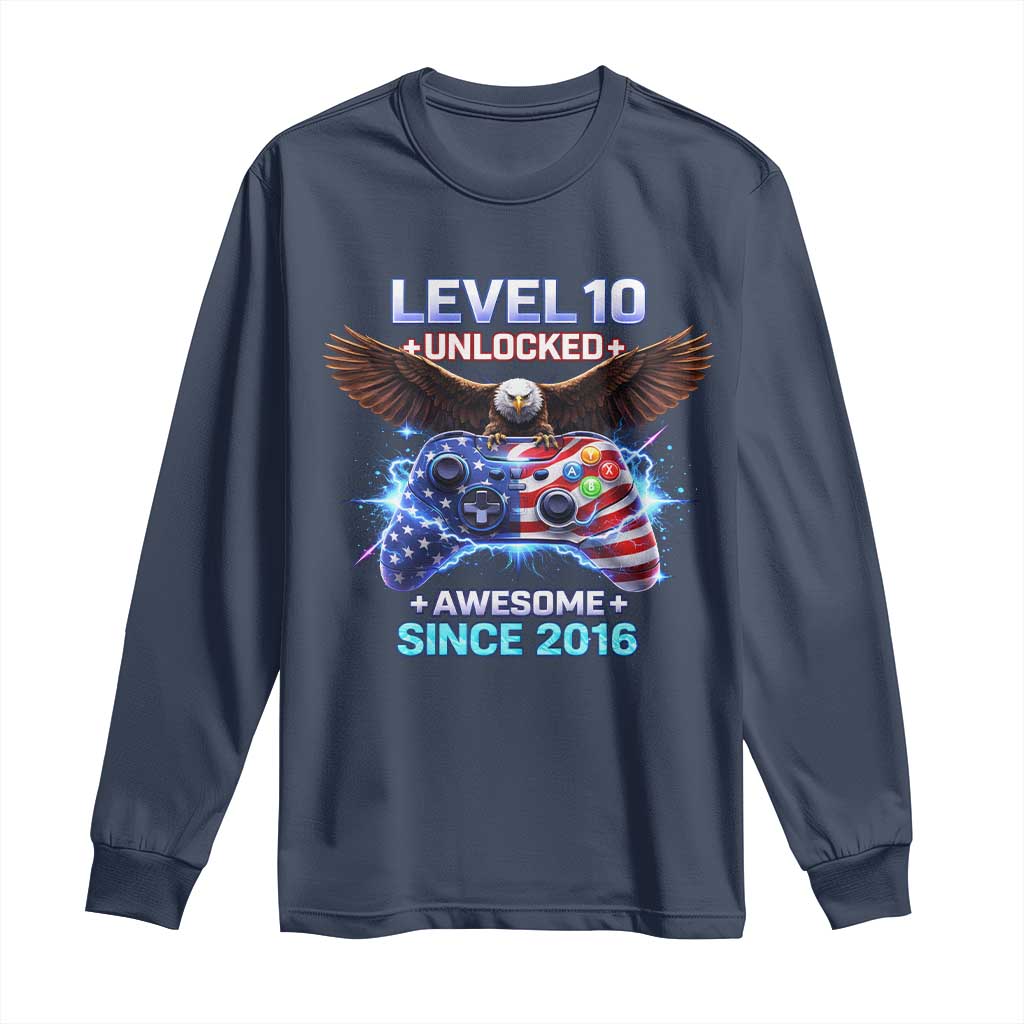 Funny 10th Birthday Long Sleeve Shirt Level 10 Unlocked Awesome Since 2016 USA Gamer