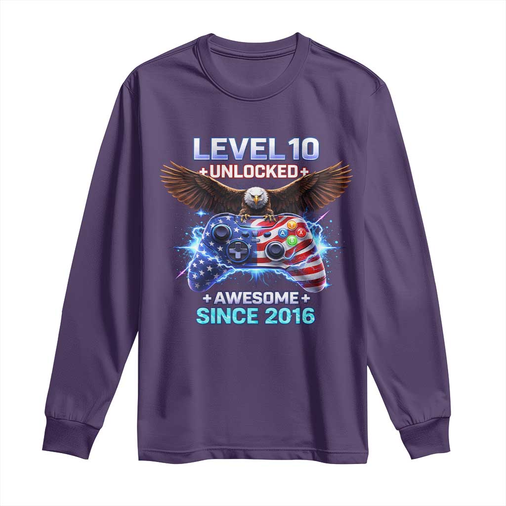 Funny 10th Birthday Long Sleeve Shirt Level 10 Unlocked Awesome Since 2016 USA Gamer