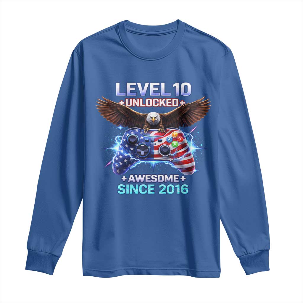 Funny 10th Birthday Long Sleeve Shirt Level 10 Unlocked Awesome Since 2016 USA Gamer