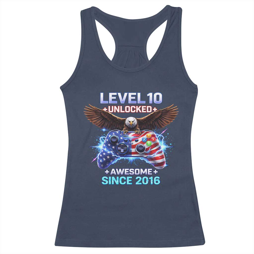 Funny 10th Birthday Racerback Tank Top Level 10 Unlocked Awesome Since 2016 USA Gamer