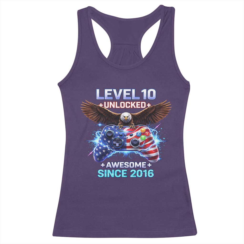 Funny 10th Birthday Racerback Tank Top Level 10 Unlocked Awesome Since 2016 USA Gamer