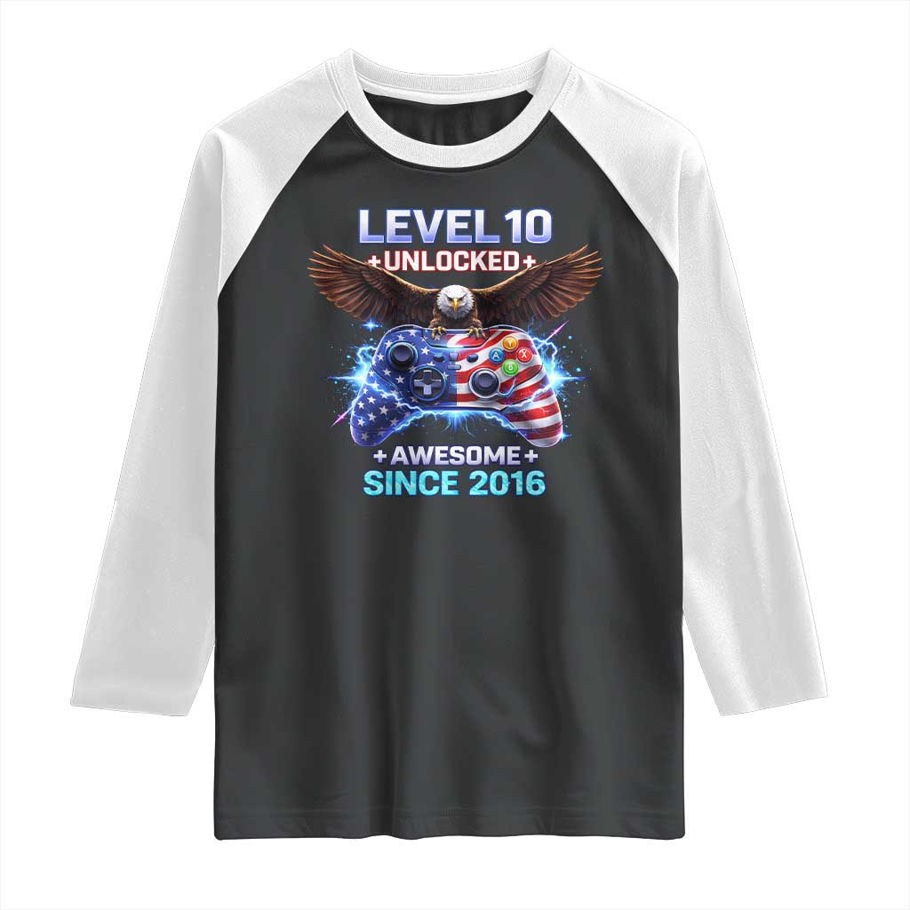 Funny 10th Birthday Raglan Shirt Level 10 Unlocked Awesome Since 2016 USA Gamer