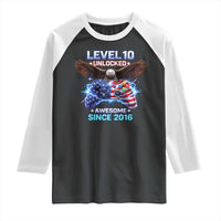 Funny 10th Birthday Raglan Shirt Level 10 Unlocked Awesome Since 2016 USA Gamer