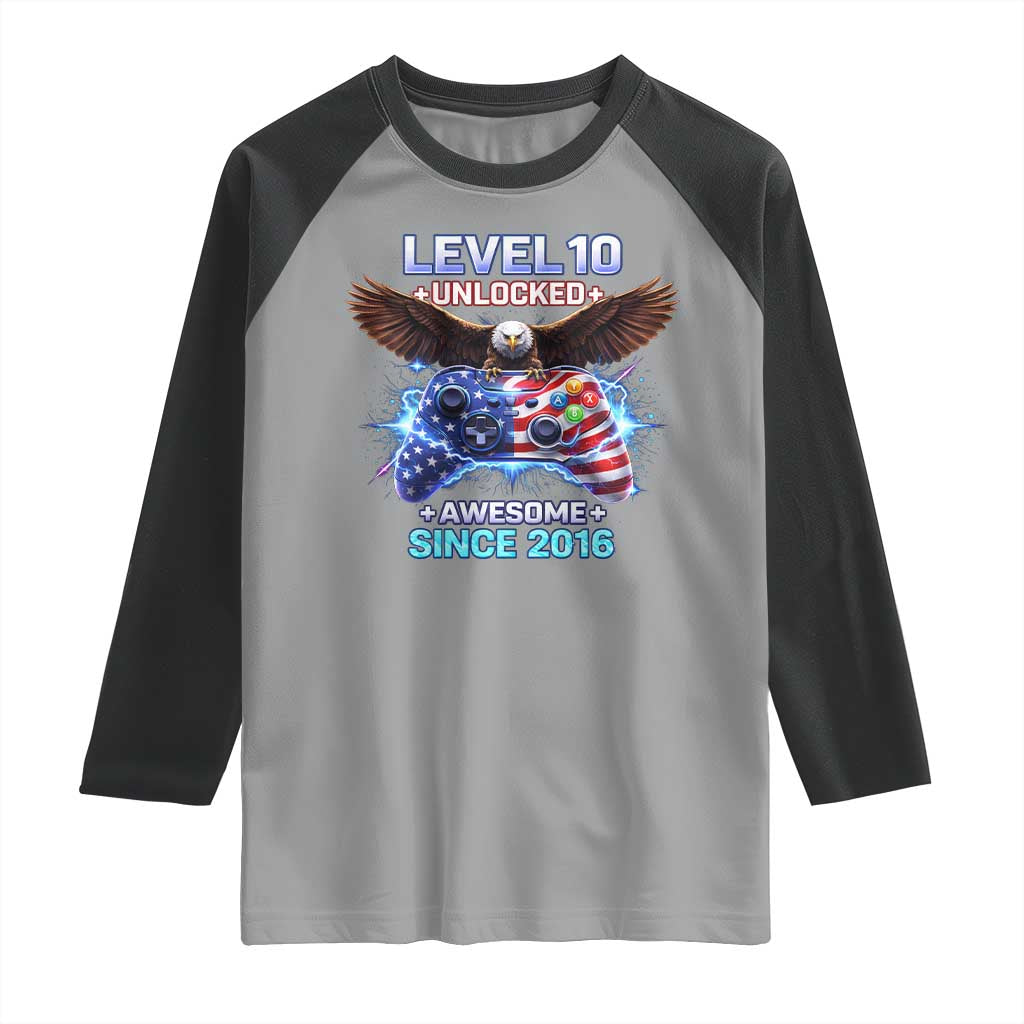 Funny 10th Birthday Raglan Shirt Level 10 Unlocked Awesome Since 2016 USA Gamer