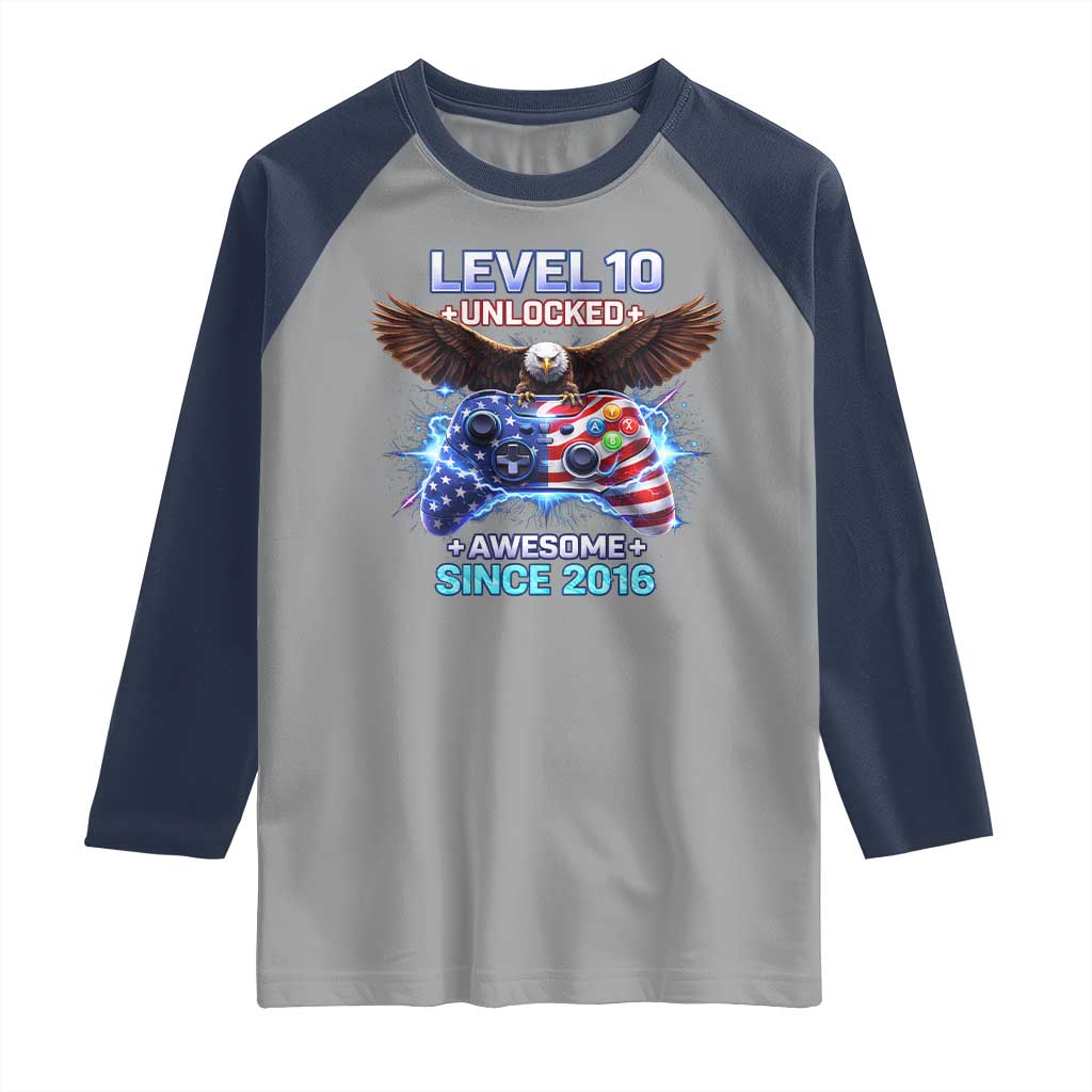 Funny 10th Birthday Raglan Shirt Level 10 Unlocked Awesome Since 2016 USA Gamer