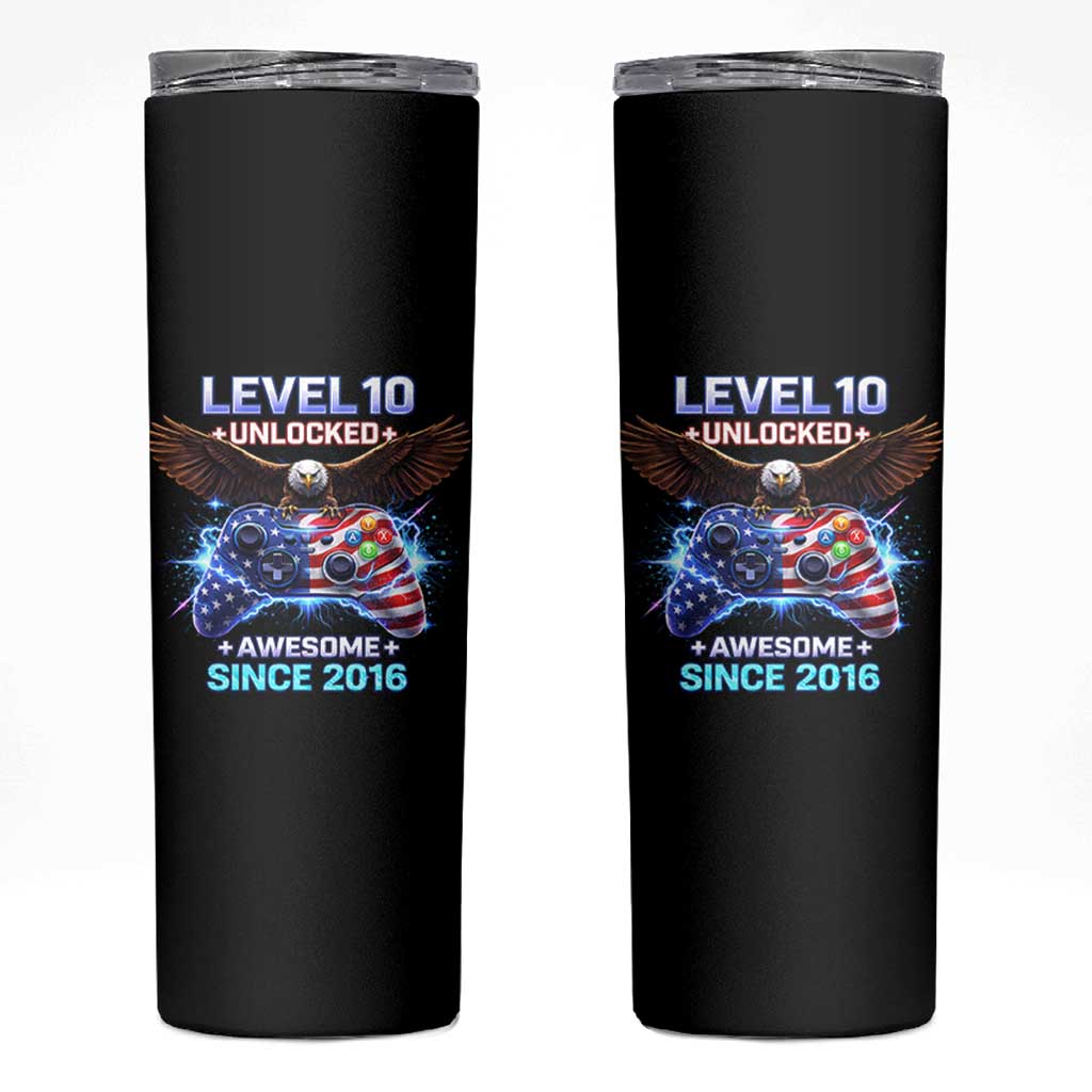 Funny 10th Birthday Skinny Tumbler Level 10 Unlocked Awesome Since 2016 USA Gamer