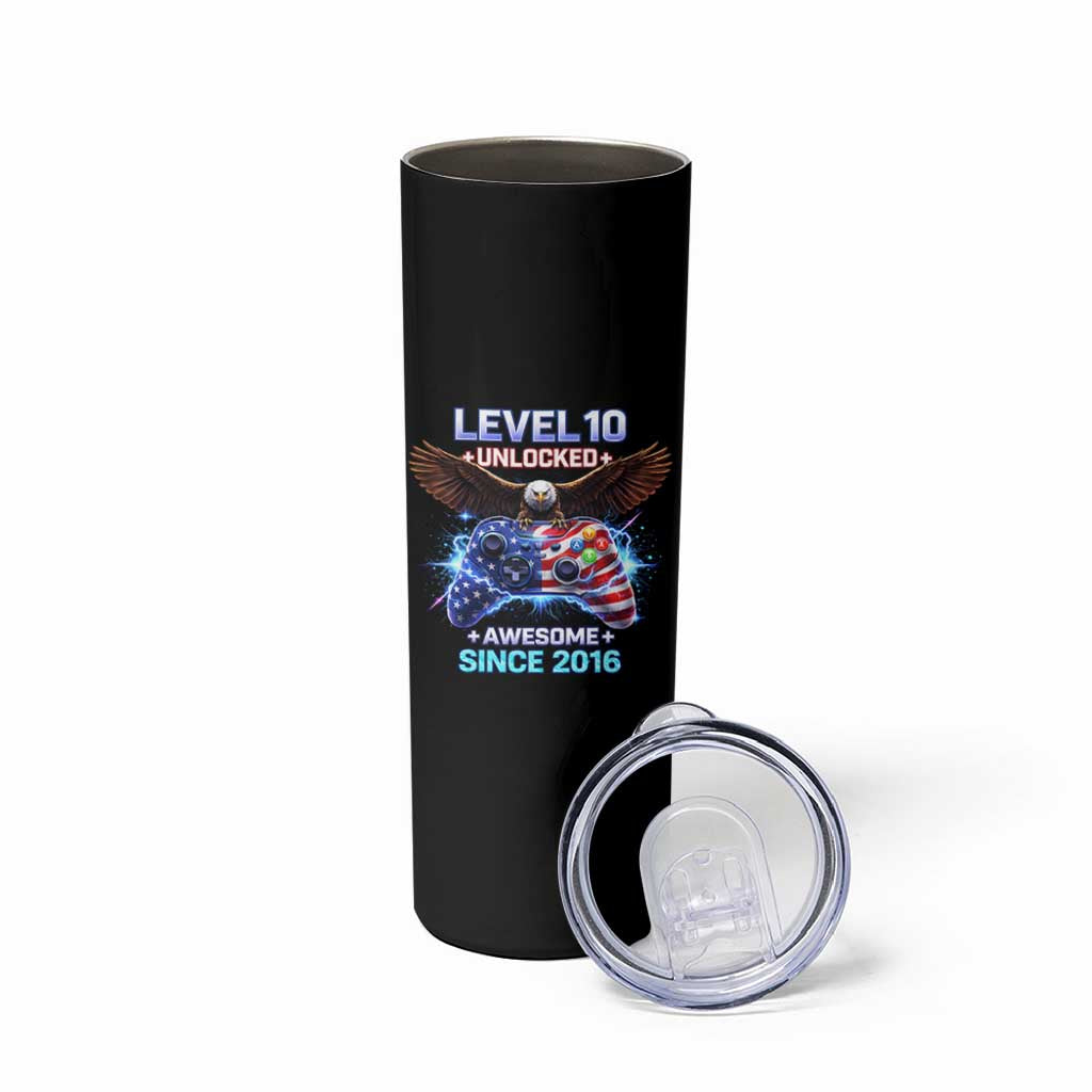 Funny 10th Birthday Skinny Tumbler Level 10 Unlocked Awesome Since 2016 USA Gamer