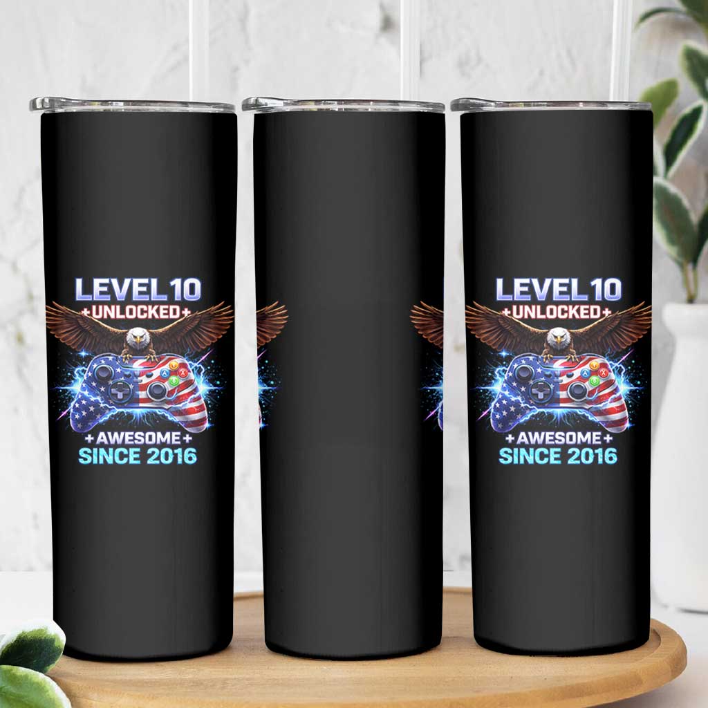 Funny 10th Birthday Skinny Tumbler Level 10 Unlocked Awesome Since 2016 USA Gamer