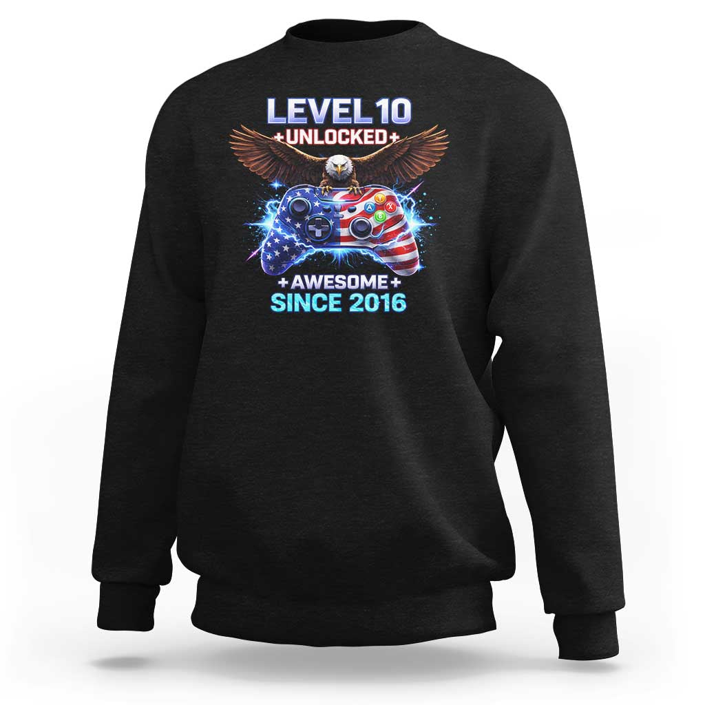 Funny 10th Birthday Sweatshirt Level 10 Unlocked Awesome Since 2016 USA Gamer