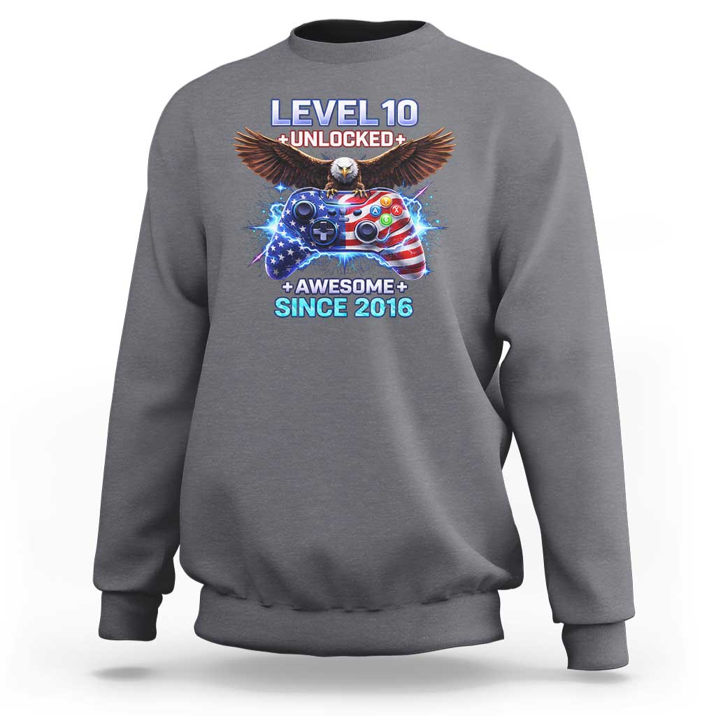 Funny 10th Birthday Sweatshirt Level 10 Unlocked Awesome Since 2016 USA Gamer