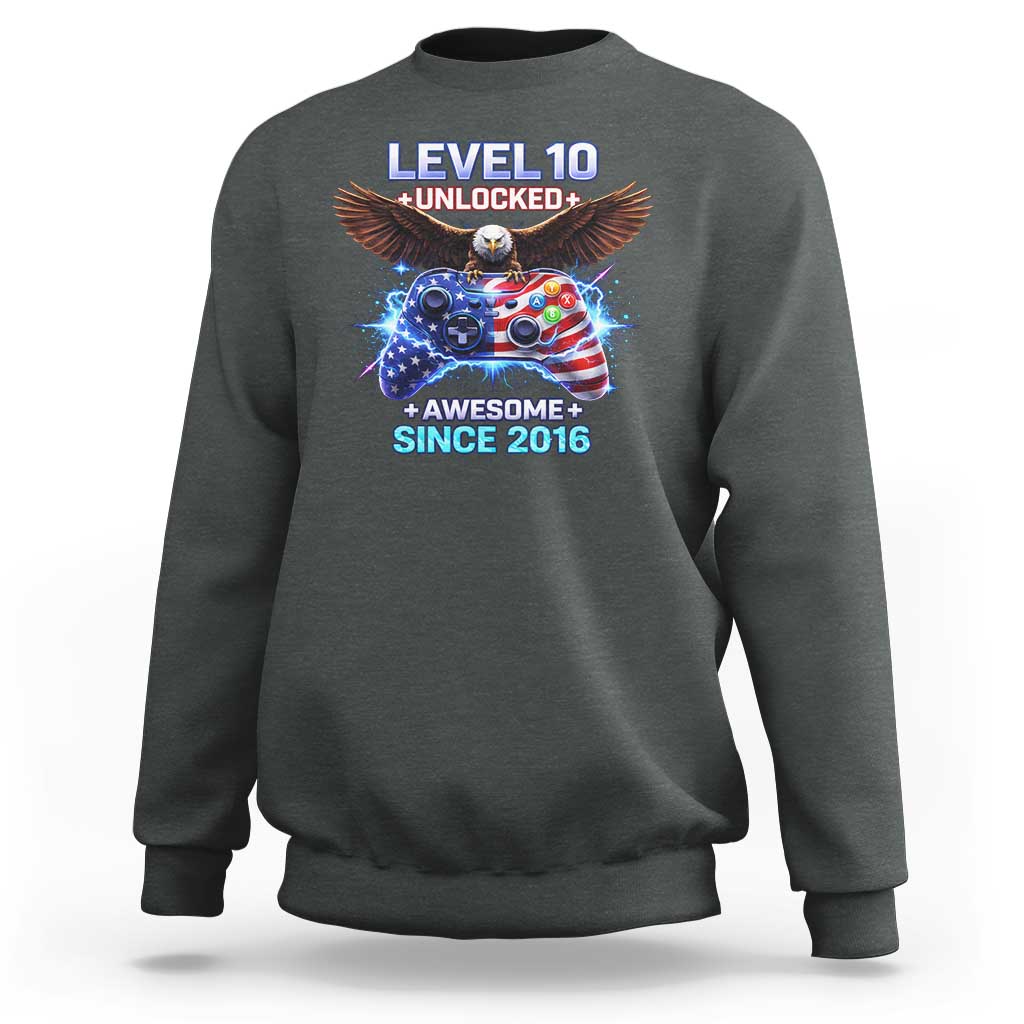 Funny 10th Birthday Sweatshirt Level 10 Unlocked Awesome Since 2016 USA Gamer