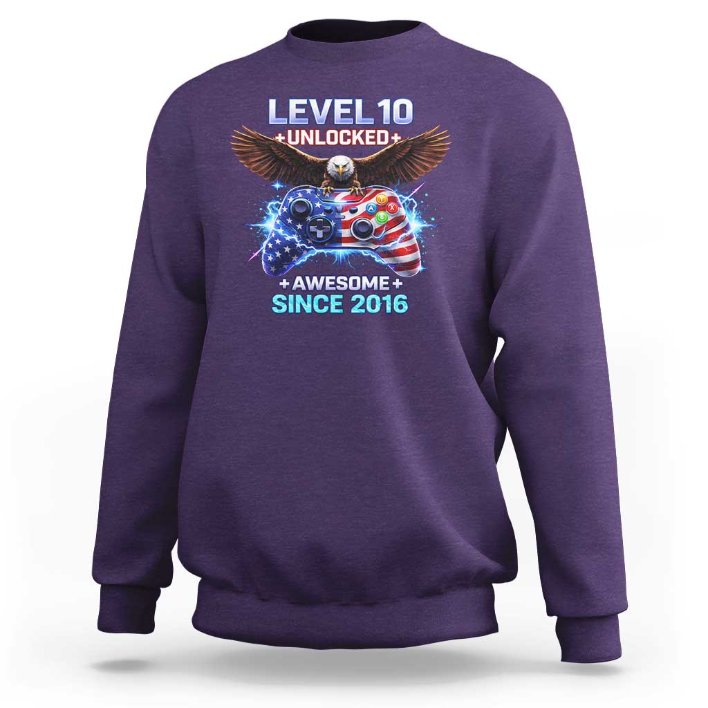 Funny 10th Birthday Sweatshirt Level 10 Unlocked Awesome Since 2016 USA Gamer