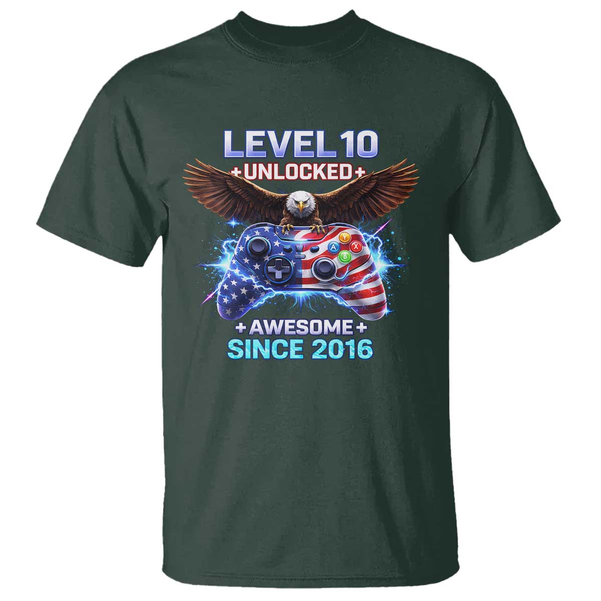 Funny 10th Birthday T Shirt Level 10 Unlocked Awesome Since 2016 USA Gamer