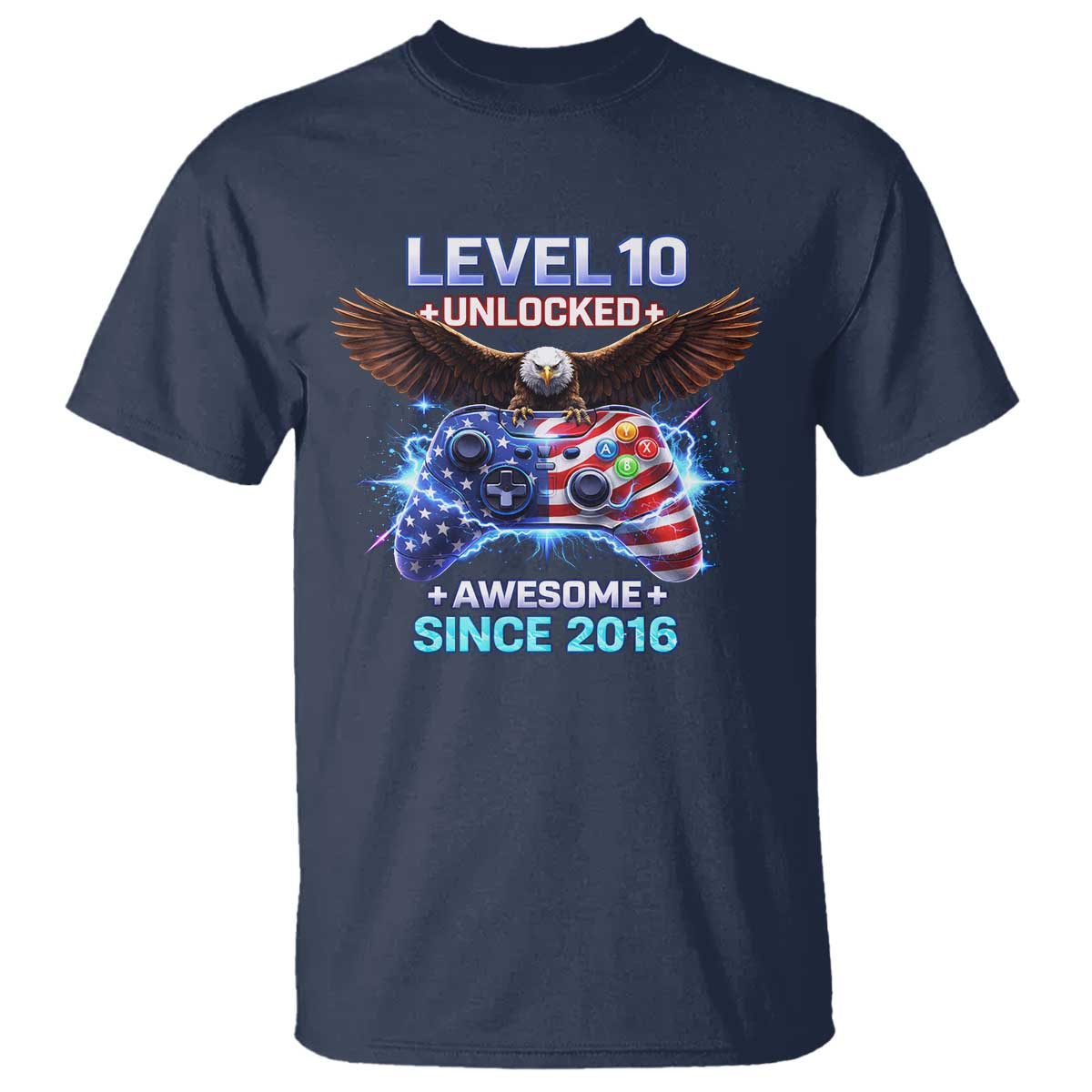 Funny 10th Birthday T Shirt Level 10 Unlocked Awesome Since 2016 USA Gamer