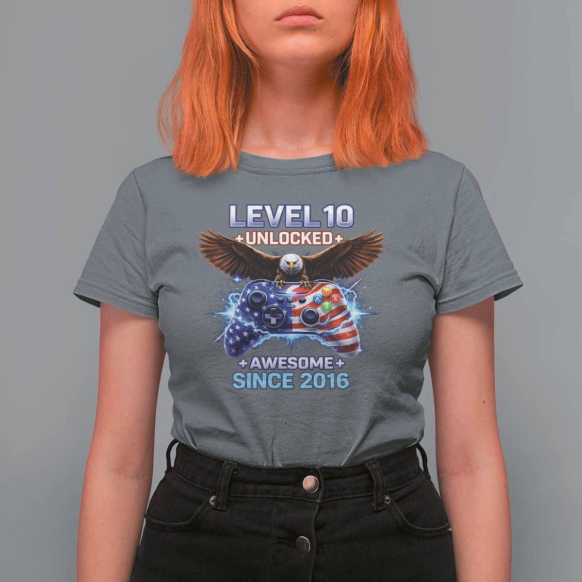 Funny 10th Birthday T Shirt For Women Level 10 Unlocked Awesome Since 2016 USA Gamer