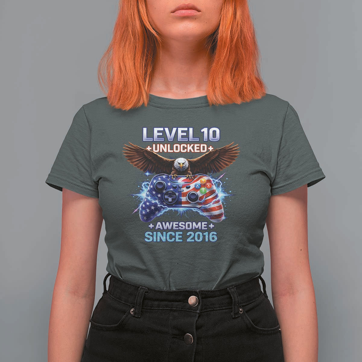 Funny 10th Birthday T Shirt For Women Level 10 Unlocked Awesome Since 2016 USA Gamer