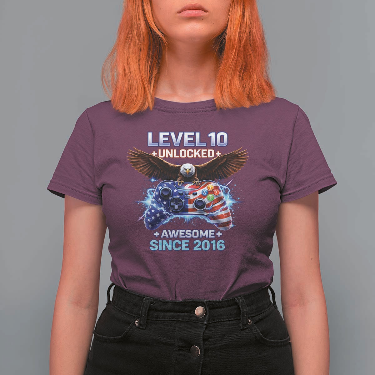 Funny 10th Birthday T Shirt For Women Level 10 Unlocked Awesome Since 2016 USA Gamer