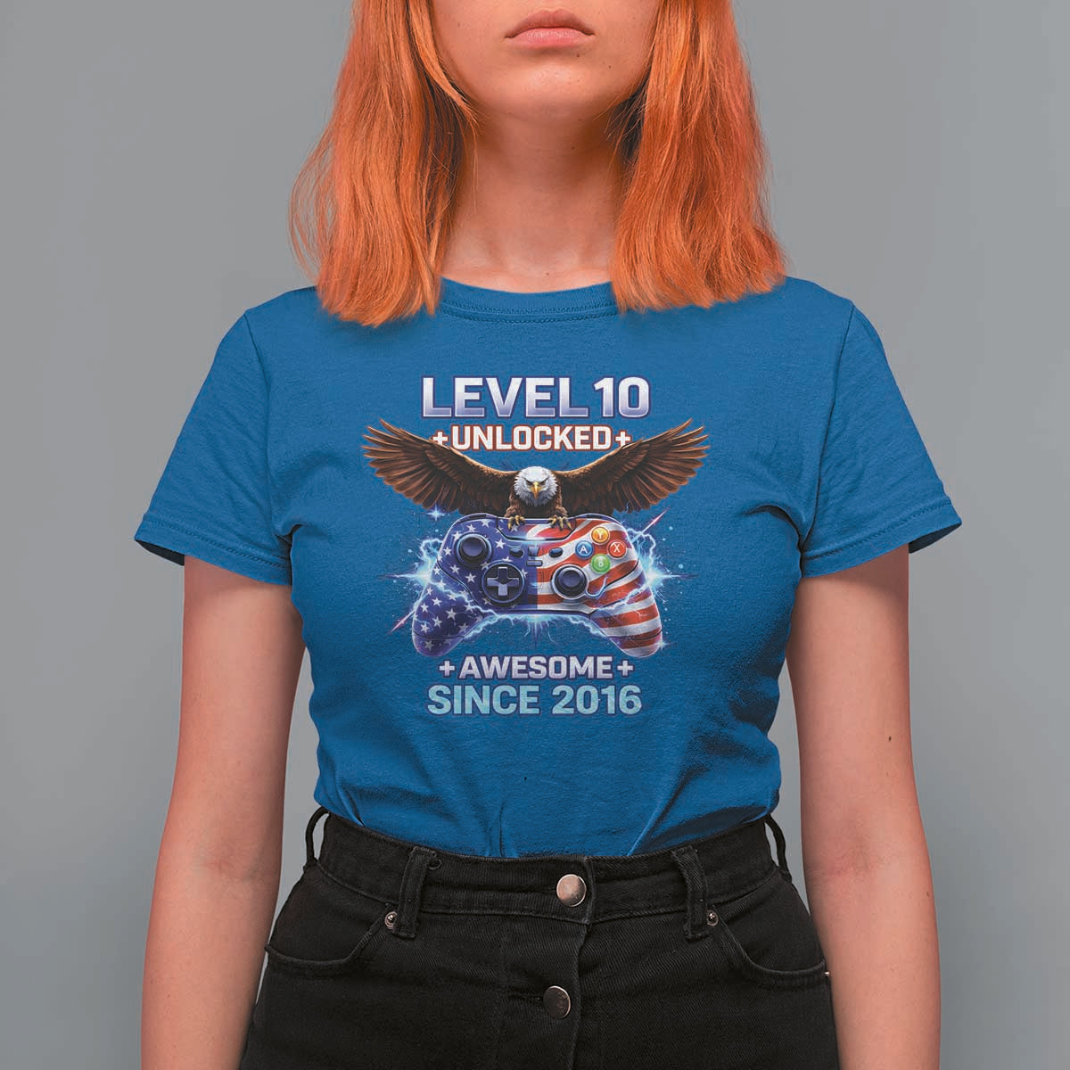Funny 10th Birthday T Shirt For Women Level 10 Unlocked Awesome Since 2016 USA Gamer
