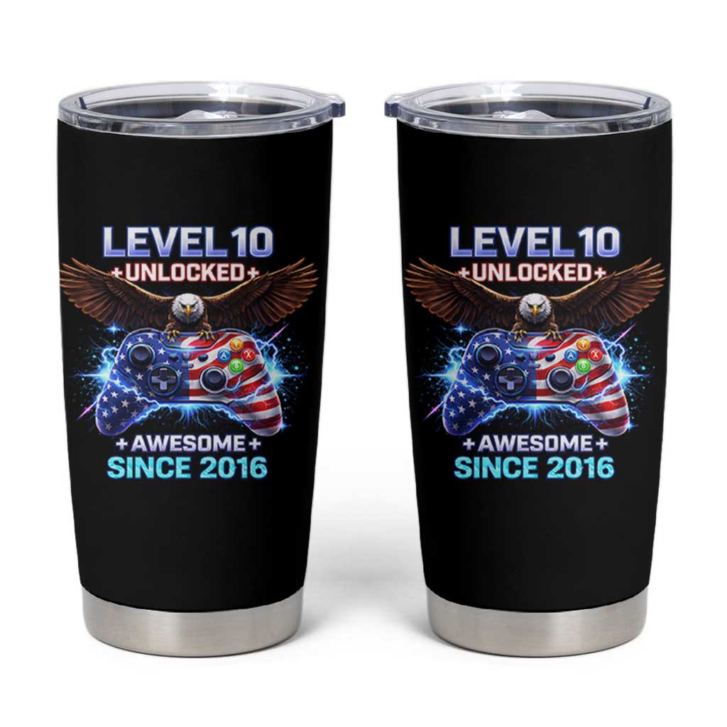 Funny 10th Birthday Tumbler Cup Level 10 Unlocked Awesome Since 2016 USA Gamer
