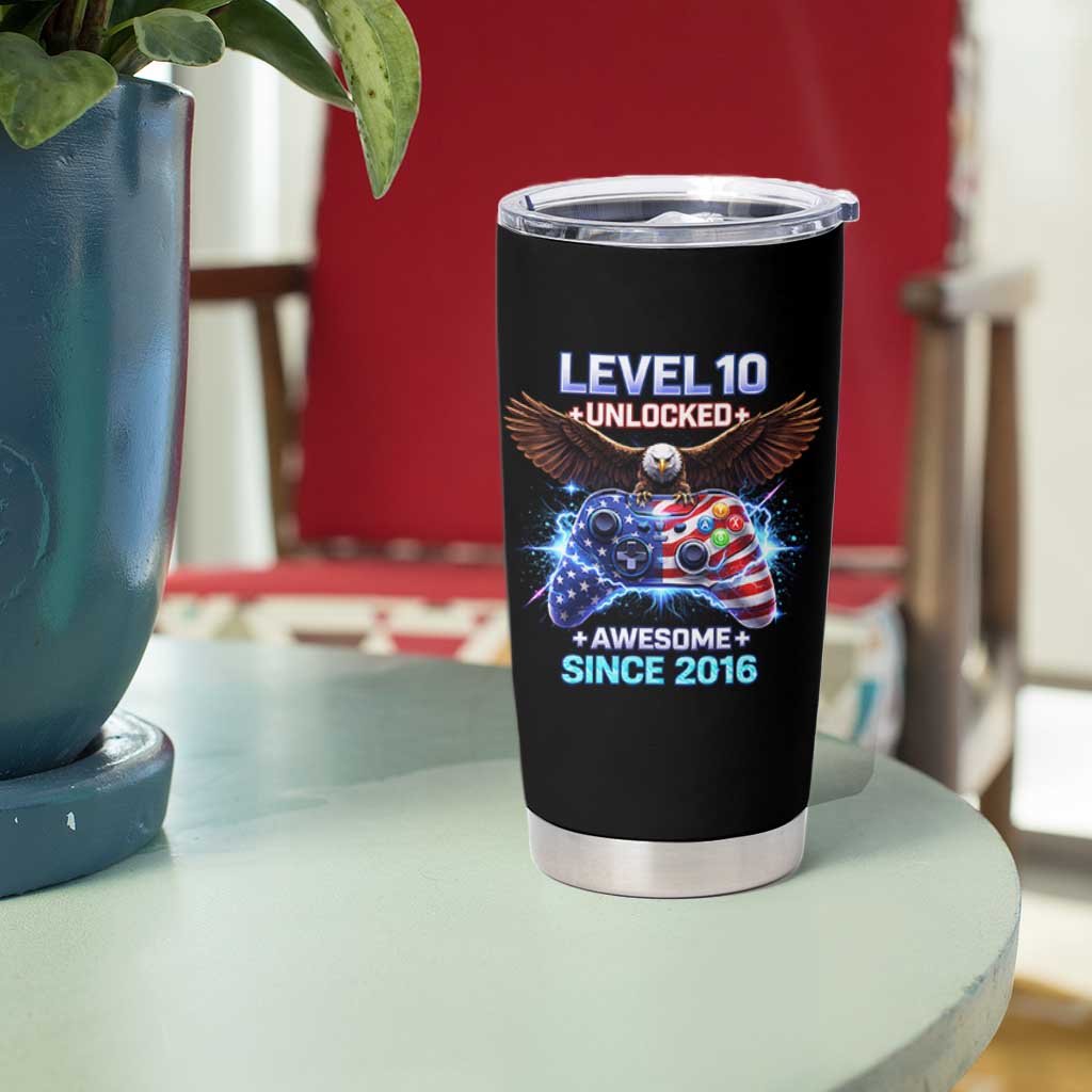 Funny 10th Birthday Tumbler Cup Level 10 Unlocked Awesome Since 2016 USA Gamer