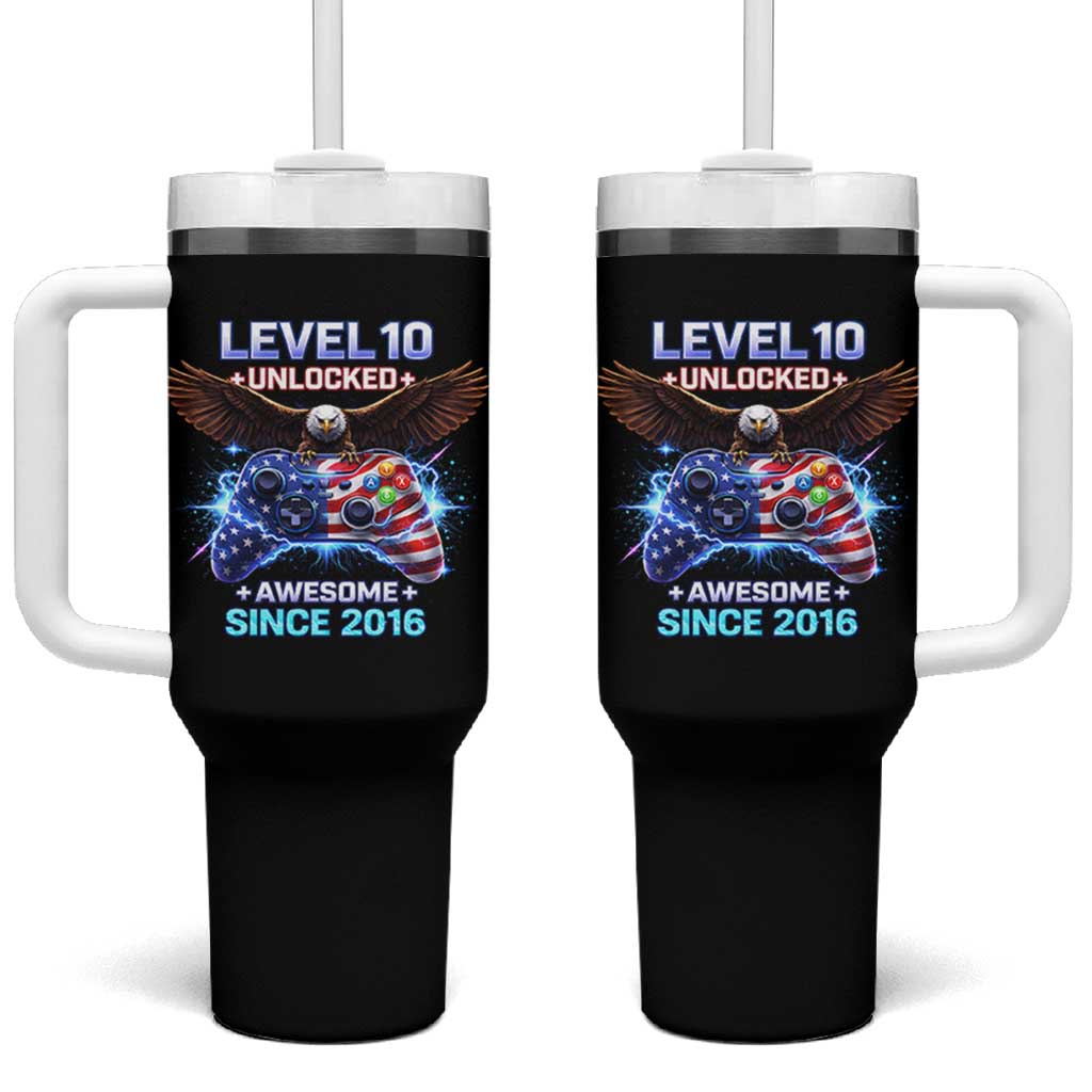 Funny 10th Birthday Tumbler With Handle Level 10 Unlocked Awesome Since 2016 USA Gamer