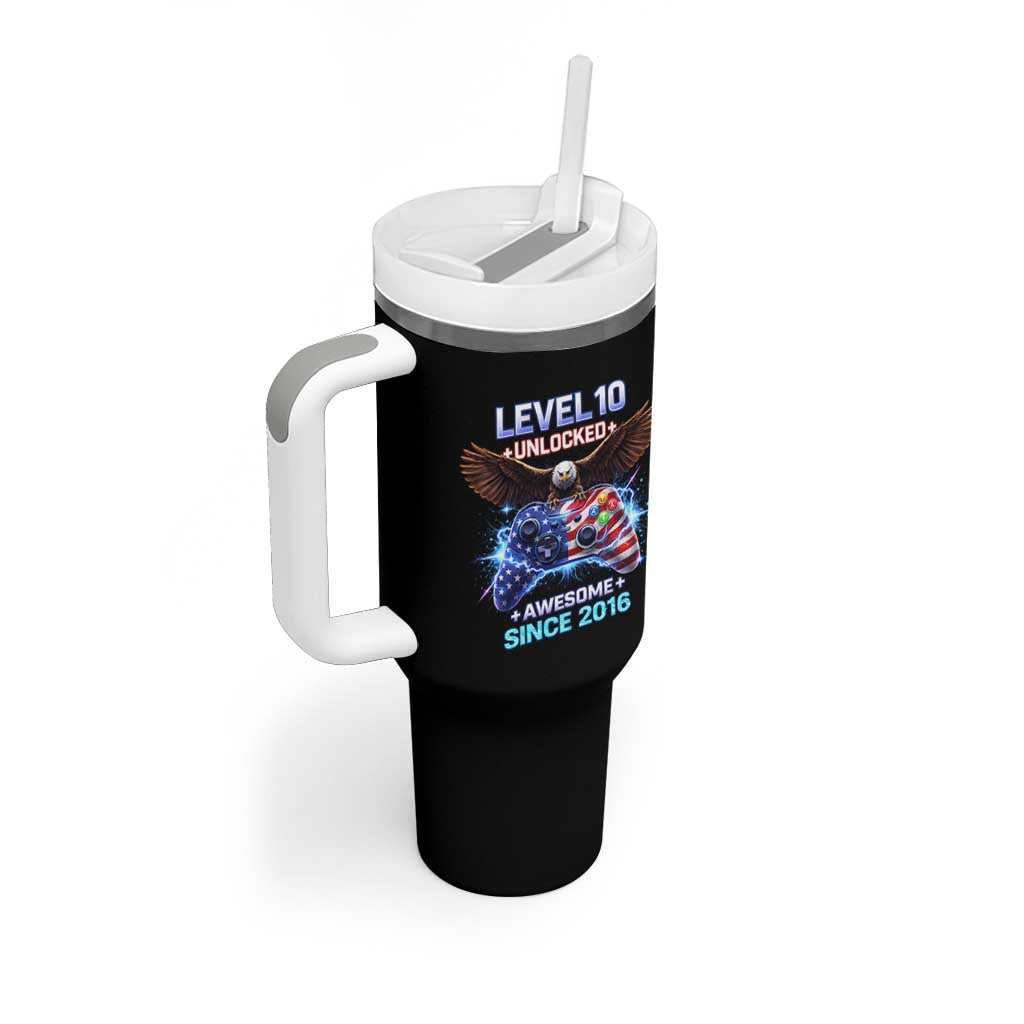 Funny 10th Birthday Tumbler With Handle Level 10 Unlocked Awesome Since 2016 USA Gamer