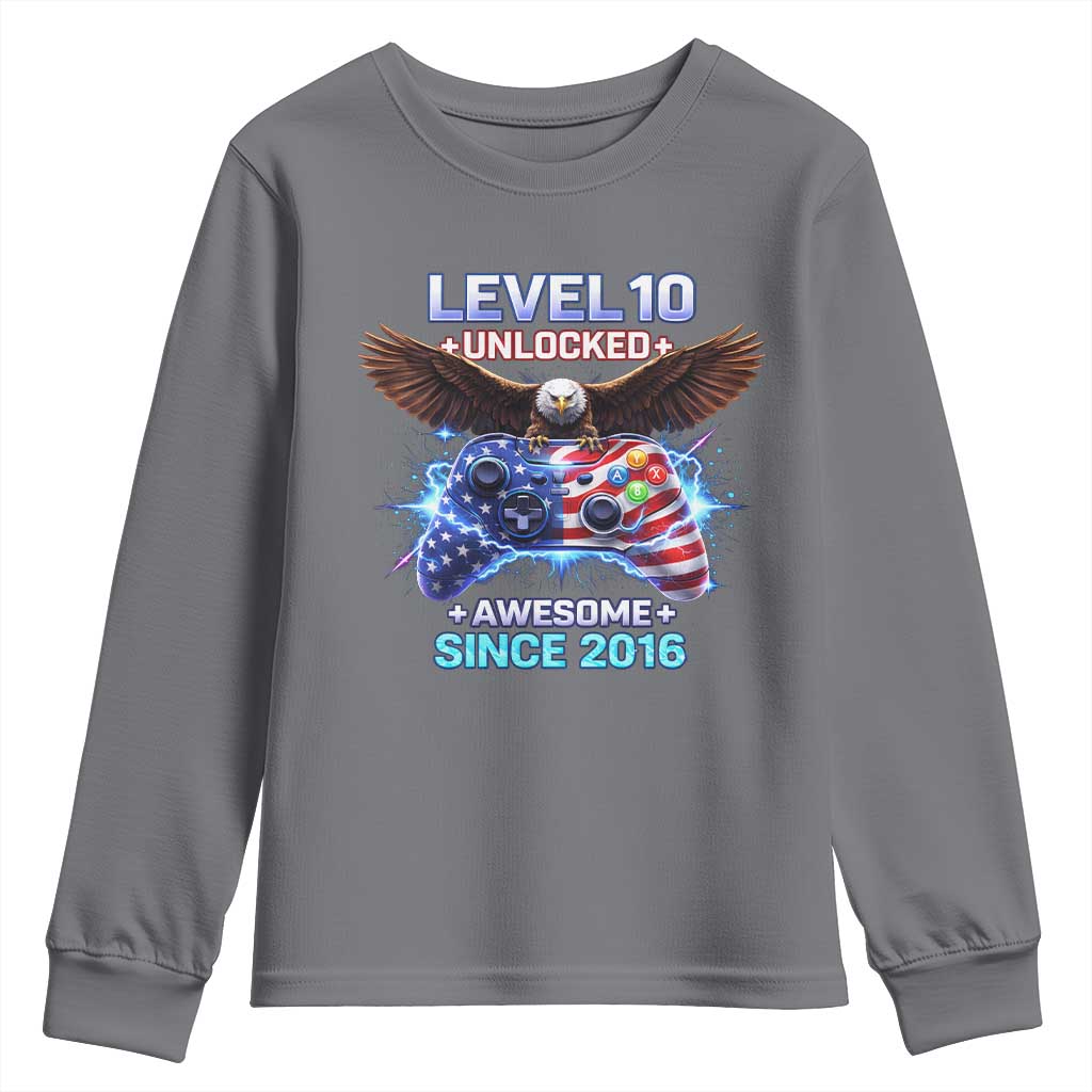 Funny 10th Birthday Youth Sweatshirt Level 10 Unlocked Awesome Since 2016 USA Gamer