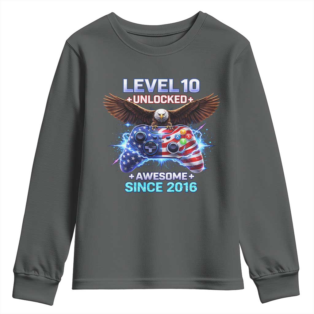 Funny 10th Birthday Youth Sweatshirt Level 10 Unlocked Awesome Since 2016 USA Gamer