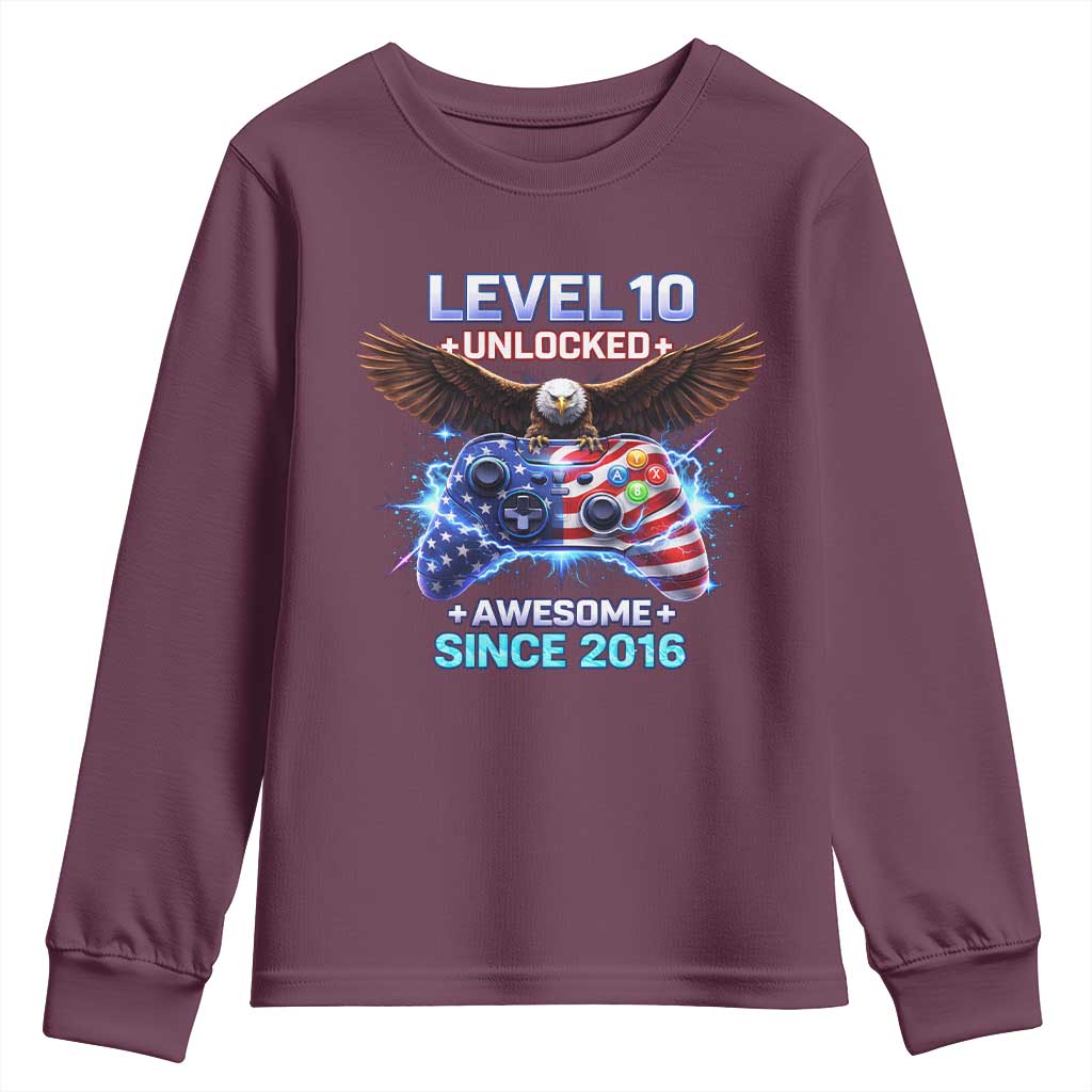 Funny 10th Birthday Youth Sweatshirt Level 10 Unlocked Awesome Since 2016 USA Gamer
