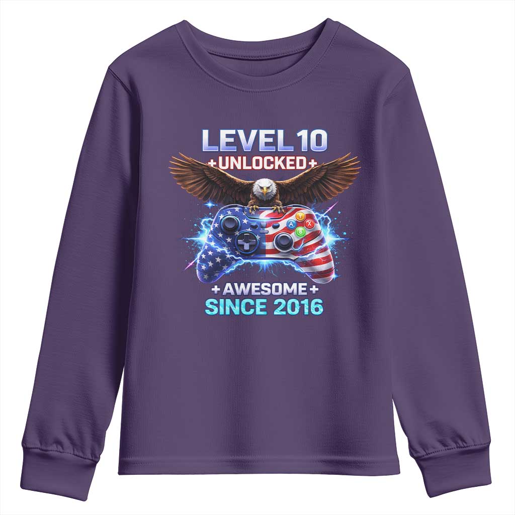 Funny 10th Birthday Youth Sweatshirt Level 10 Unlocked Awesome Since 2016 USA Gamer