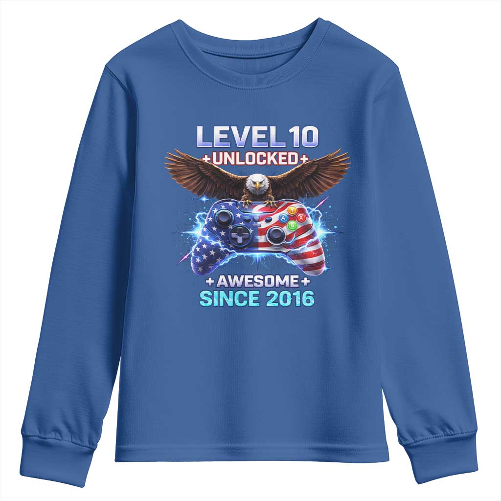 Funny 10th Birthday Youth Sweatshirt Level 10 Unlocked Awesome Since 2016 USA Gamer